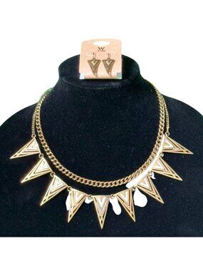 W Necklace Earring Set Triangle Pendants Geometric Design Double Chain Gold-Tone